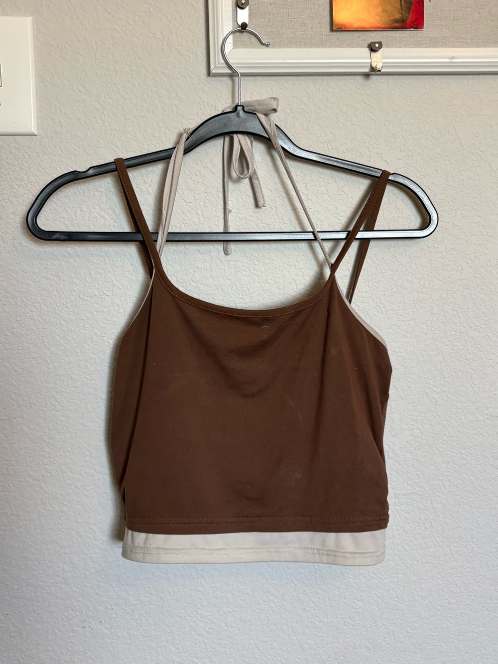 Brown Halter Crop Tank Top with Cream Trim